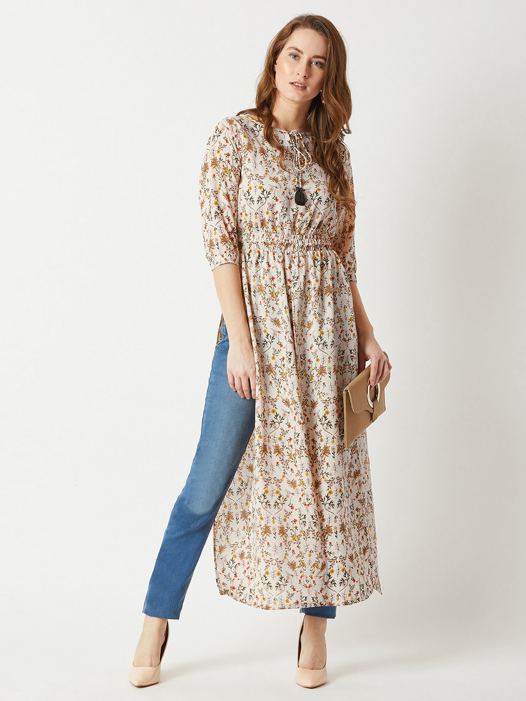 Miss Chase Peach-Coloured Floral Pleated Maxi Top Price in India