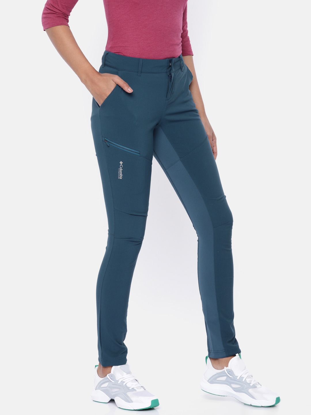 Columbia Women Teal Blue Solid Active Fit Titan Trail Hybrid Hiking Track Pants Price in India