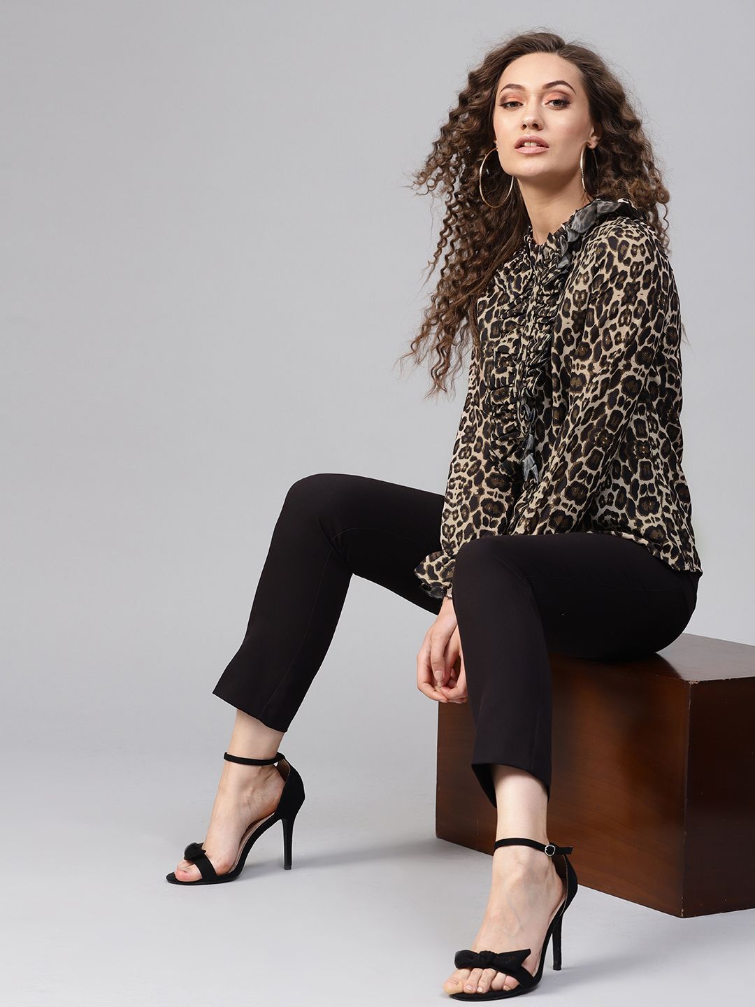 SASSAFRAS Beige & Black Animal Print Shirt Style Top Price in India