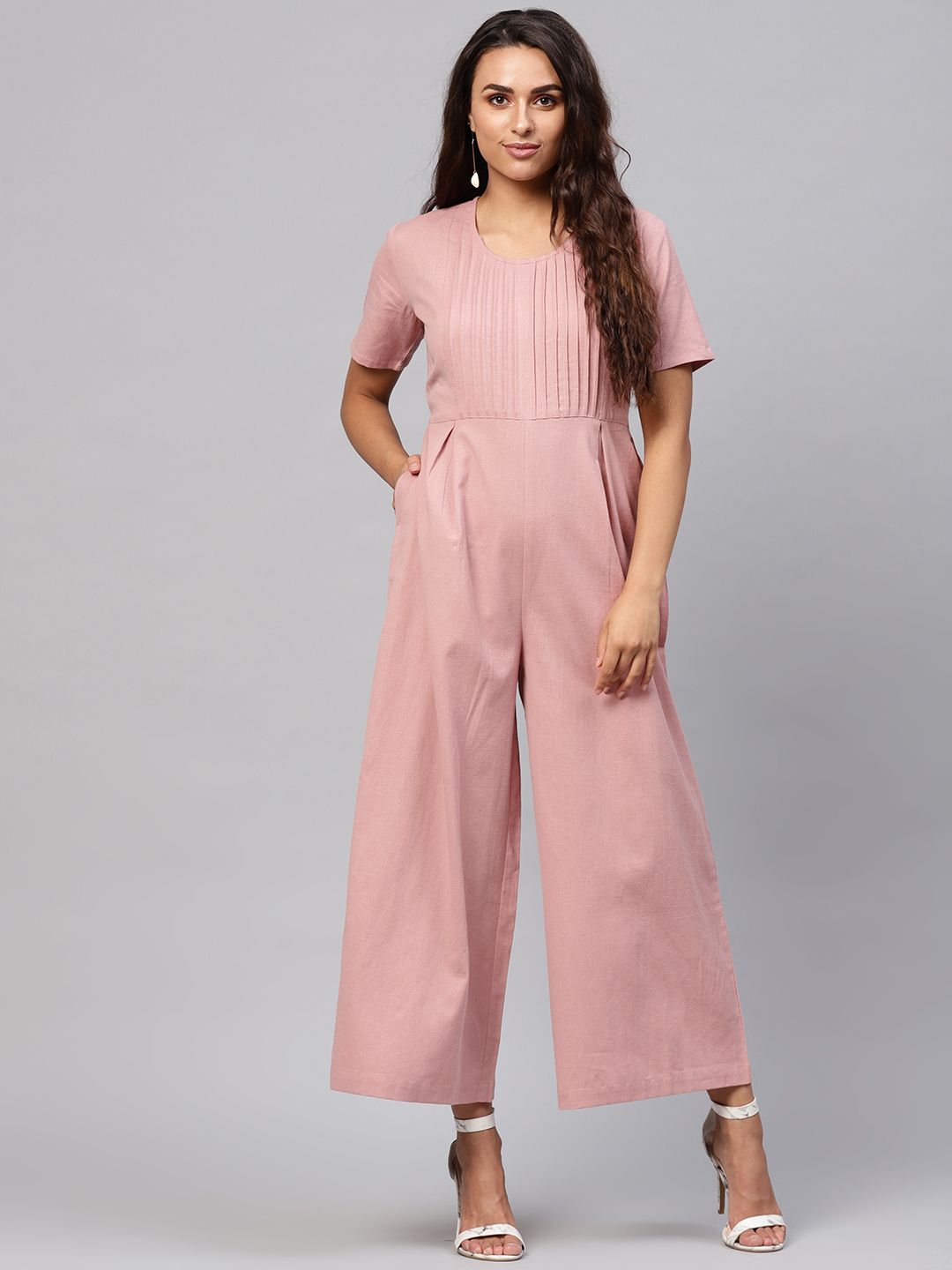SASSAFRAS Dusty Pink Solid Basic Jumpsuit Price in India