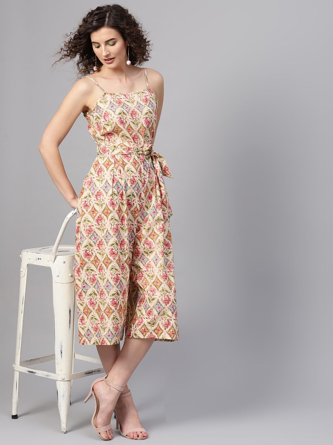 SASSAFRAS Beige & Pink Printed Culotte Jumpsuit Price in India