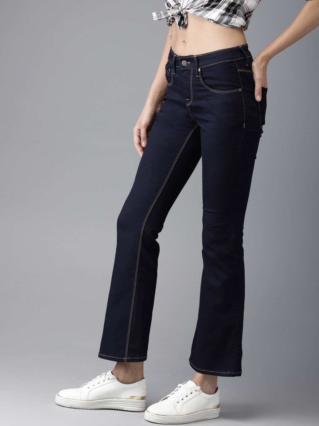 HERE&NOW Women Blue Bootcut High-Rise Clean Look Stretchable Cropped Jeans Price in India