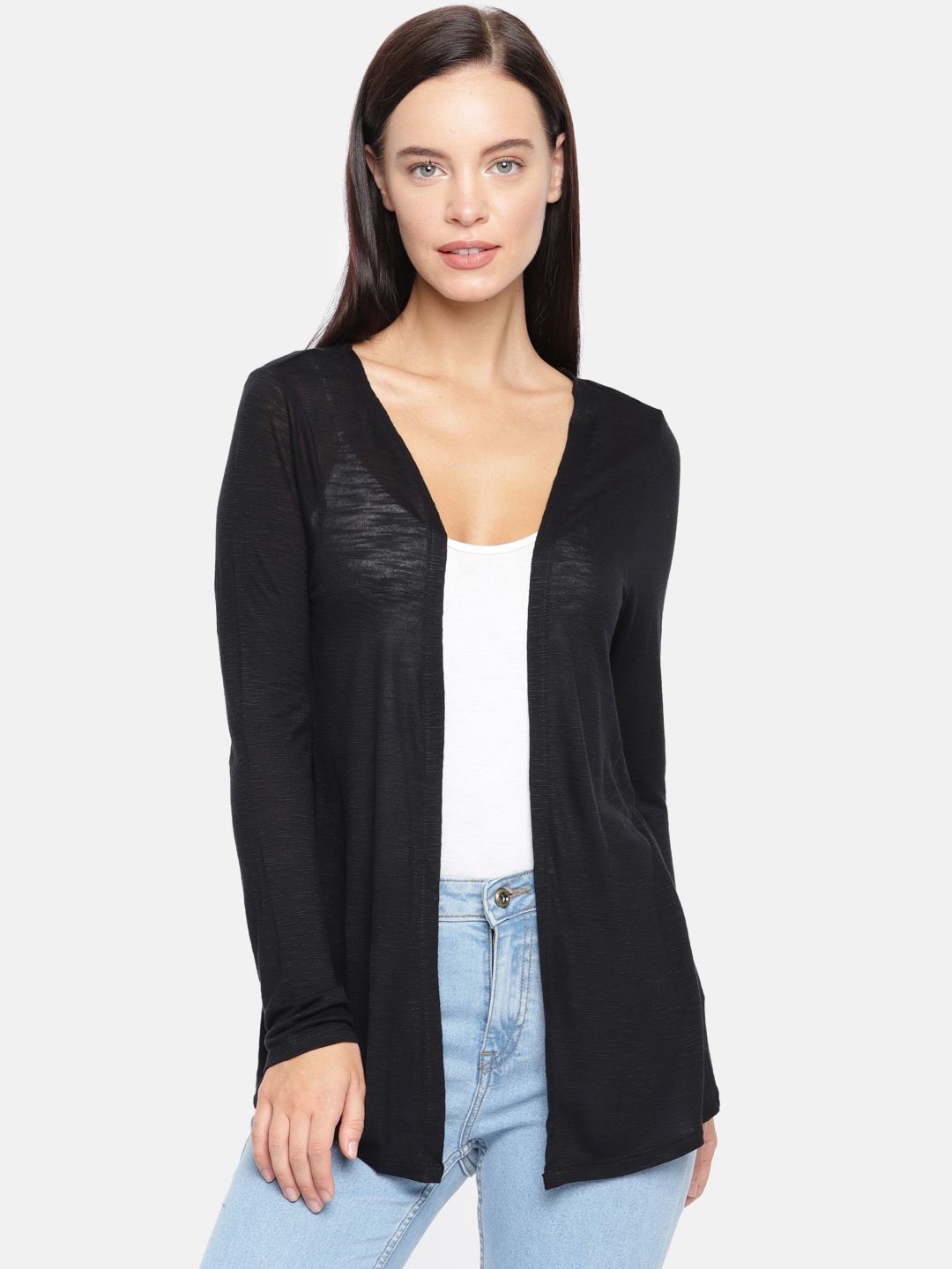 People Women Black Solid Open Front Shrug Price in India