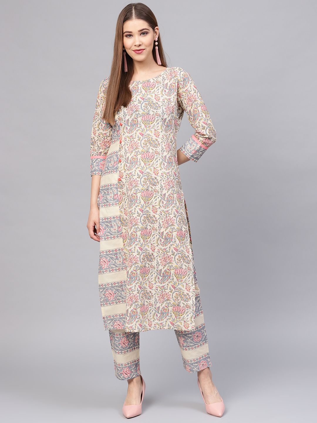 Yufta Women Beige & Grey Printed Kurta with Trousers Price in India