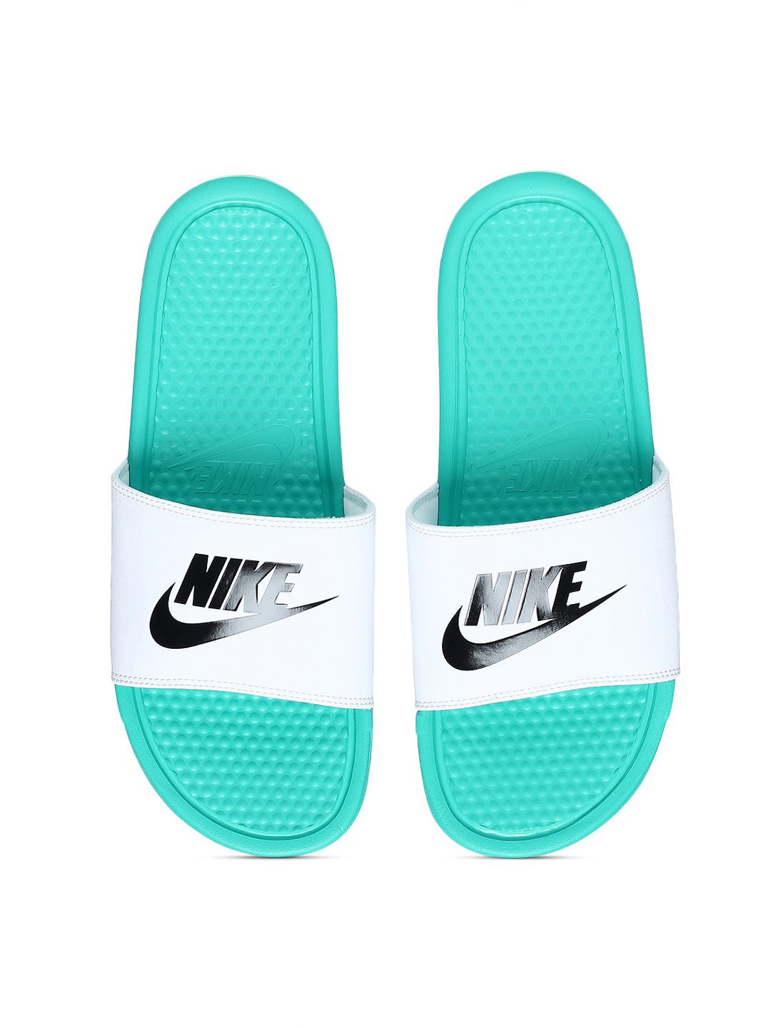 nike slippers blue and white