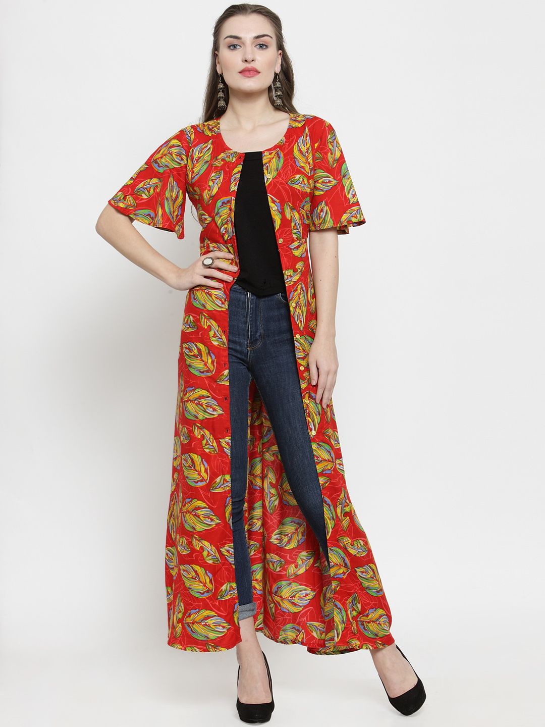 Indibelle Red Printed Button Longline Shrug Price in India