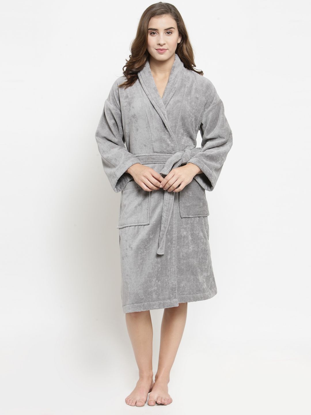 MYTRIDENT Comfort Living Grey Solid Cotton Drawstring Knee Length Bath Robe-M