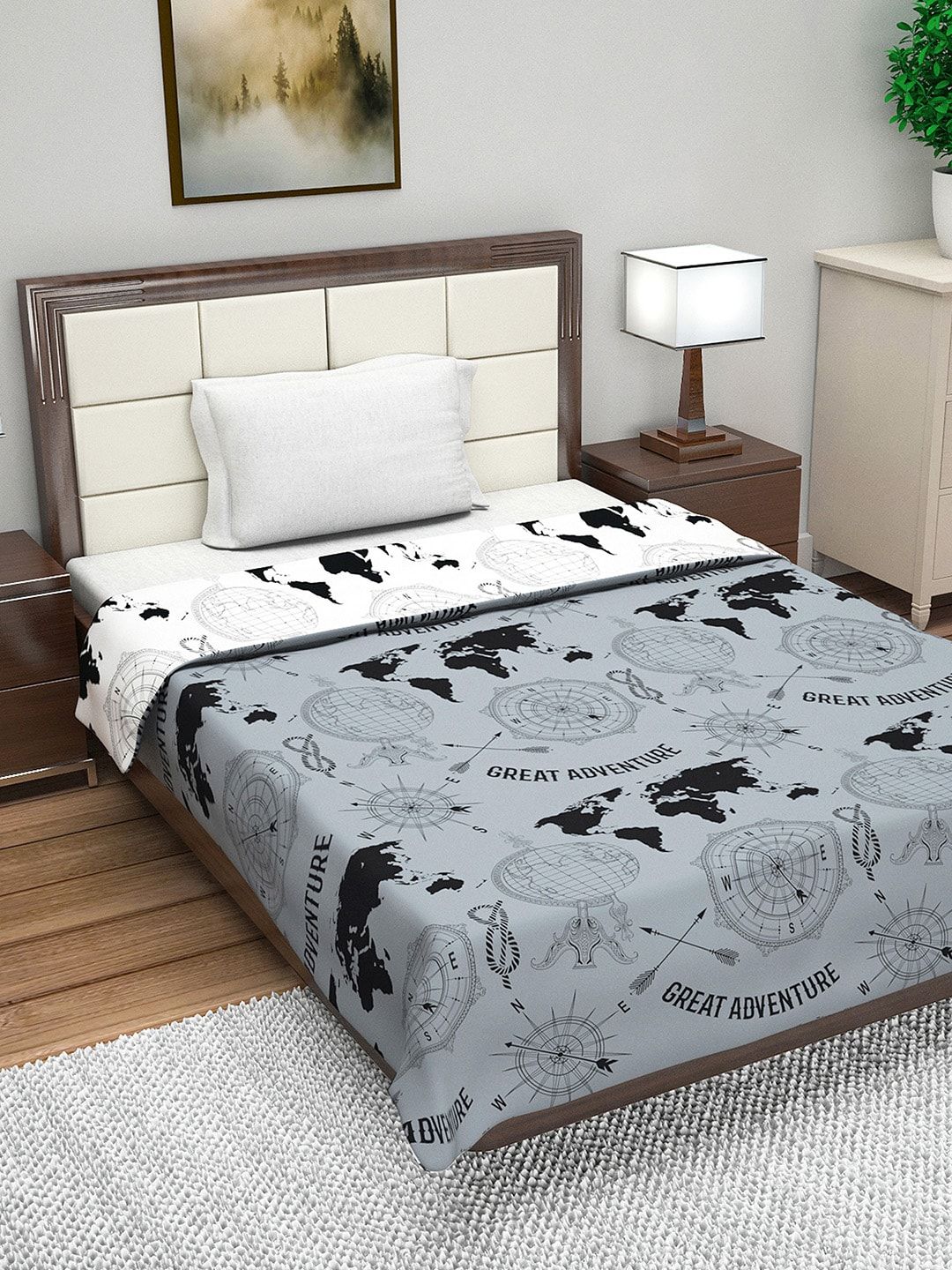 Divine Casa Grey & Off-White Geometric AC Room 110 GSM Single Bed Dohar Price in India