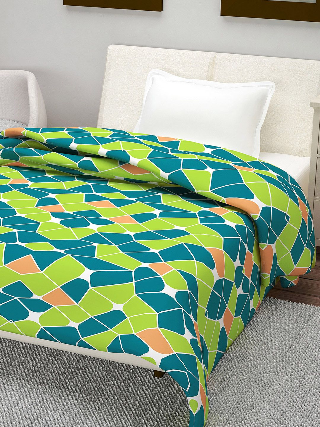 Divine Casa Teal & Lime Green Abstract AC Room 110 GSM Single Bed Quilt Price in India