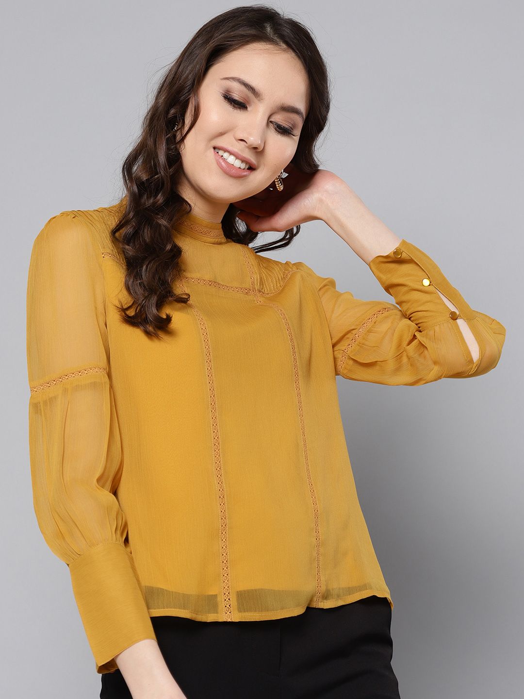 Marie Claire Mustard Yellow Lace Inserts Top Price in India