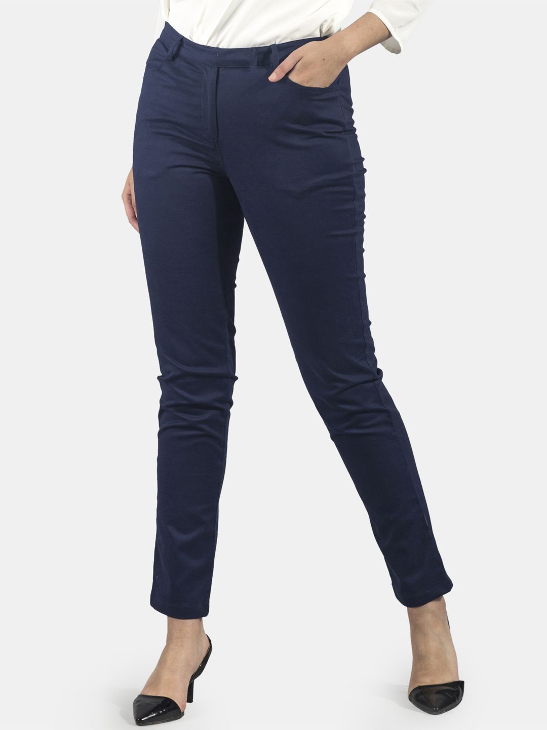 FableStreet Women Navy Blue Slim Fit Solid Formal Trousers Price in India