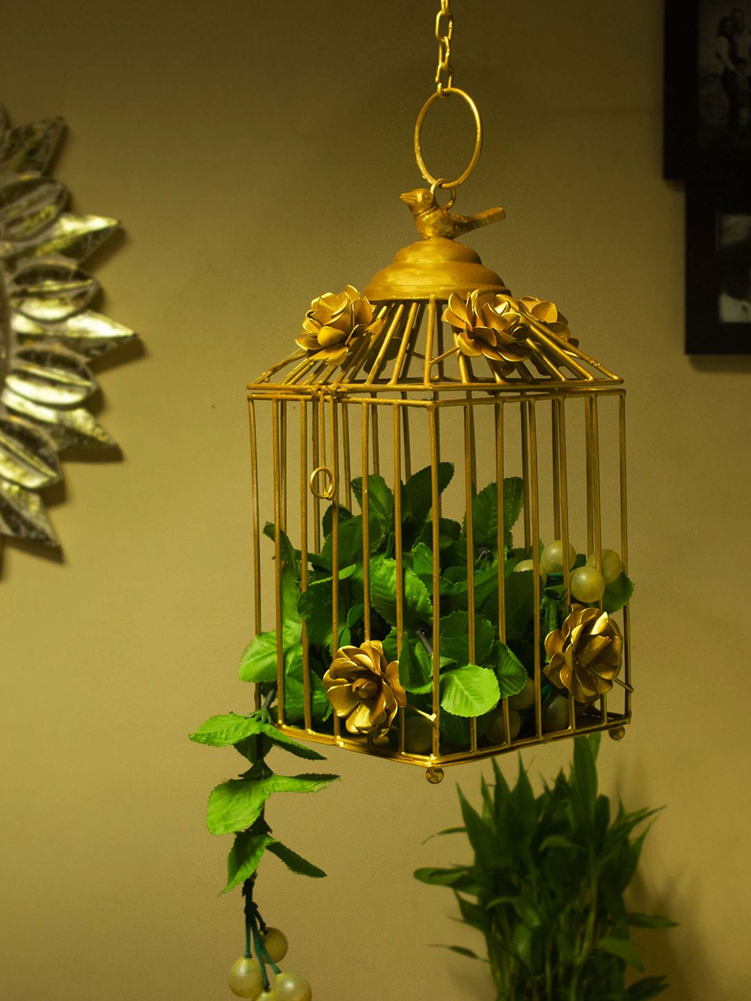 Homesake Gold-Toned Bird Cage with Floral Textured Details Price in India