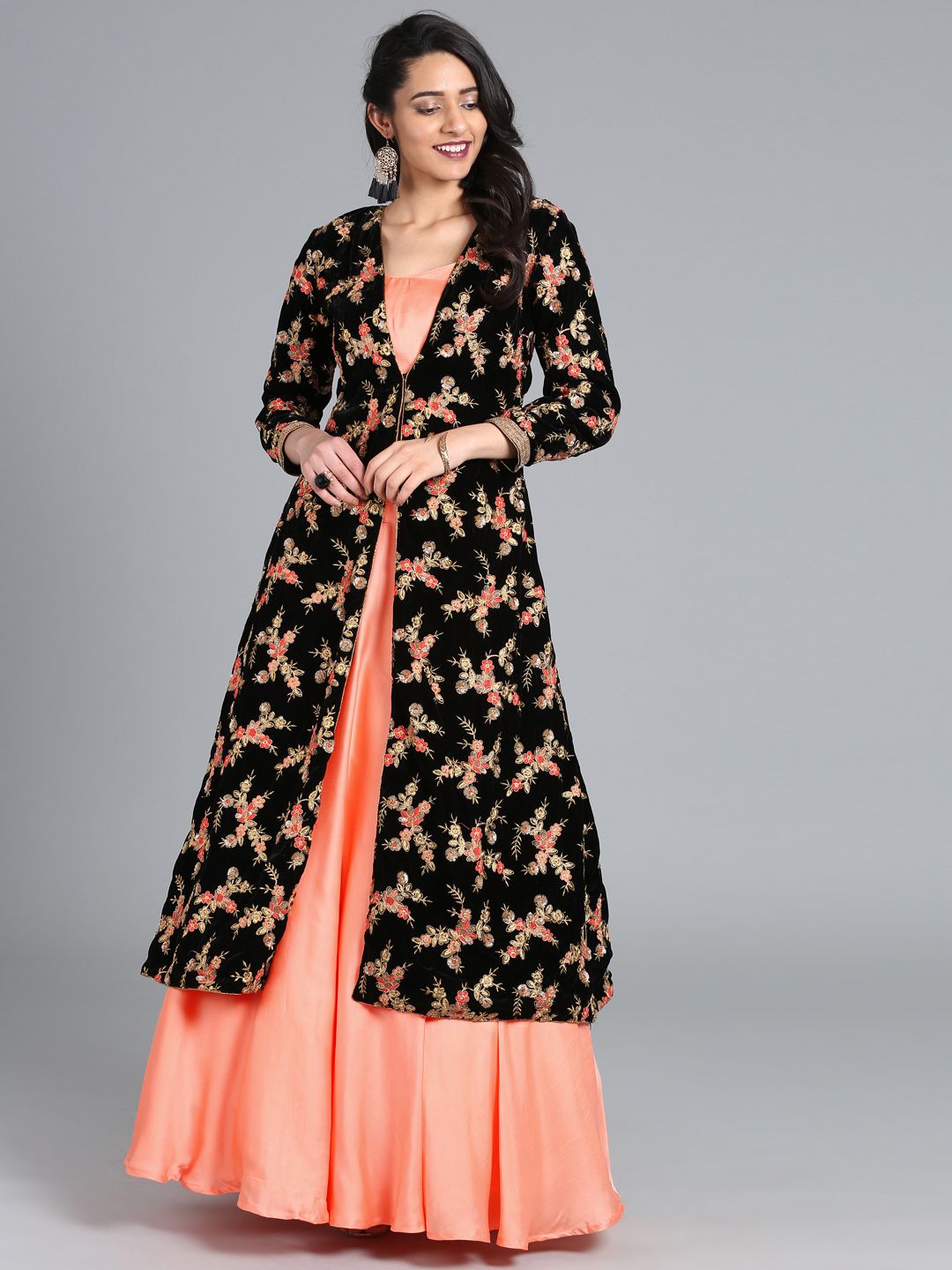 EthnoVogue Peach-Coloured & Black Made to Measure Lehenga with Blouse & Jacket Price in India