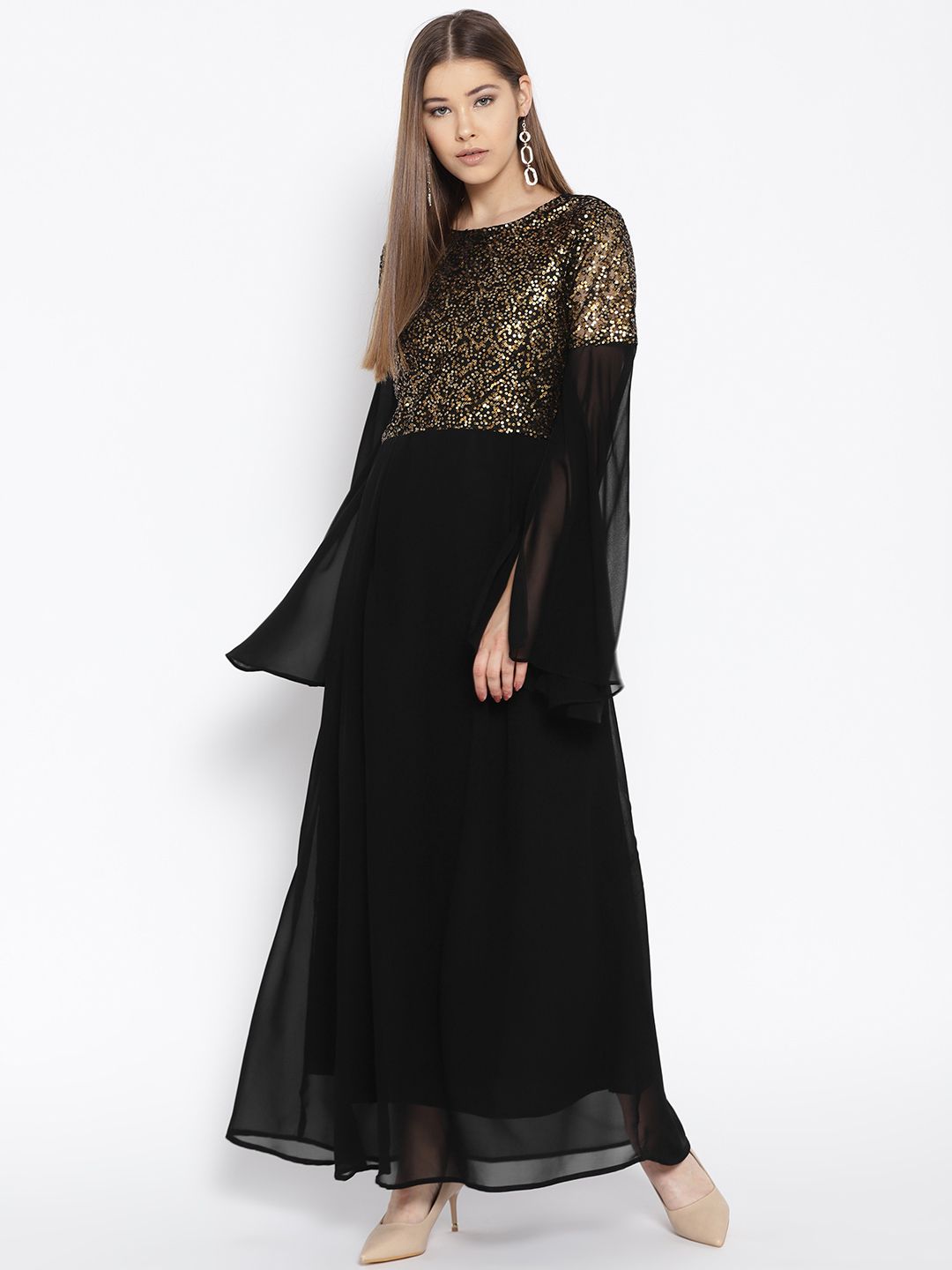 Cottinfab Black Sequinned Maxi Dress Price in India