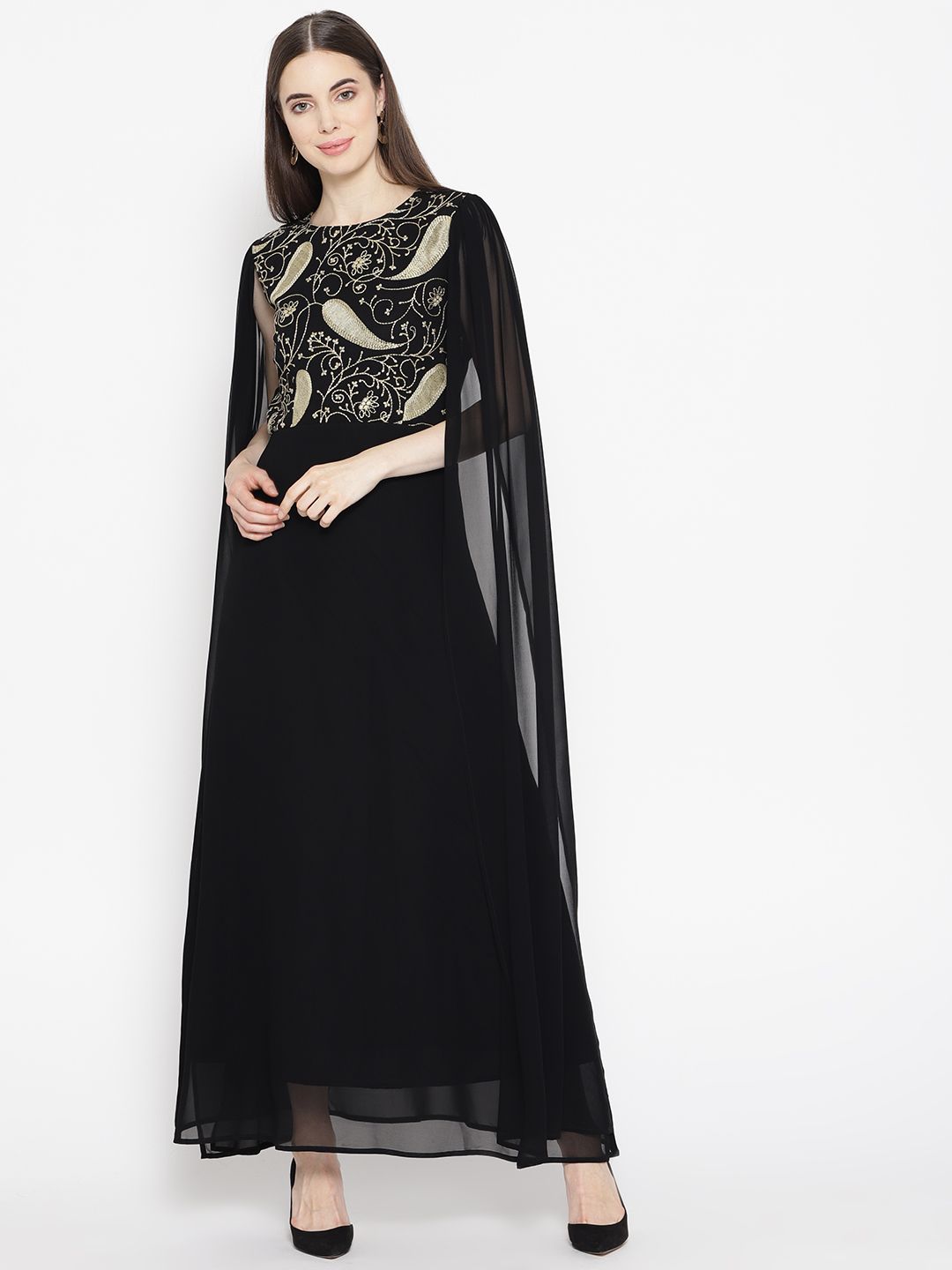 Cottinfab Women Black Embroidered Detail Maxi Dress Price in India