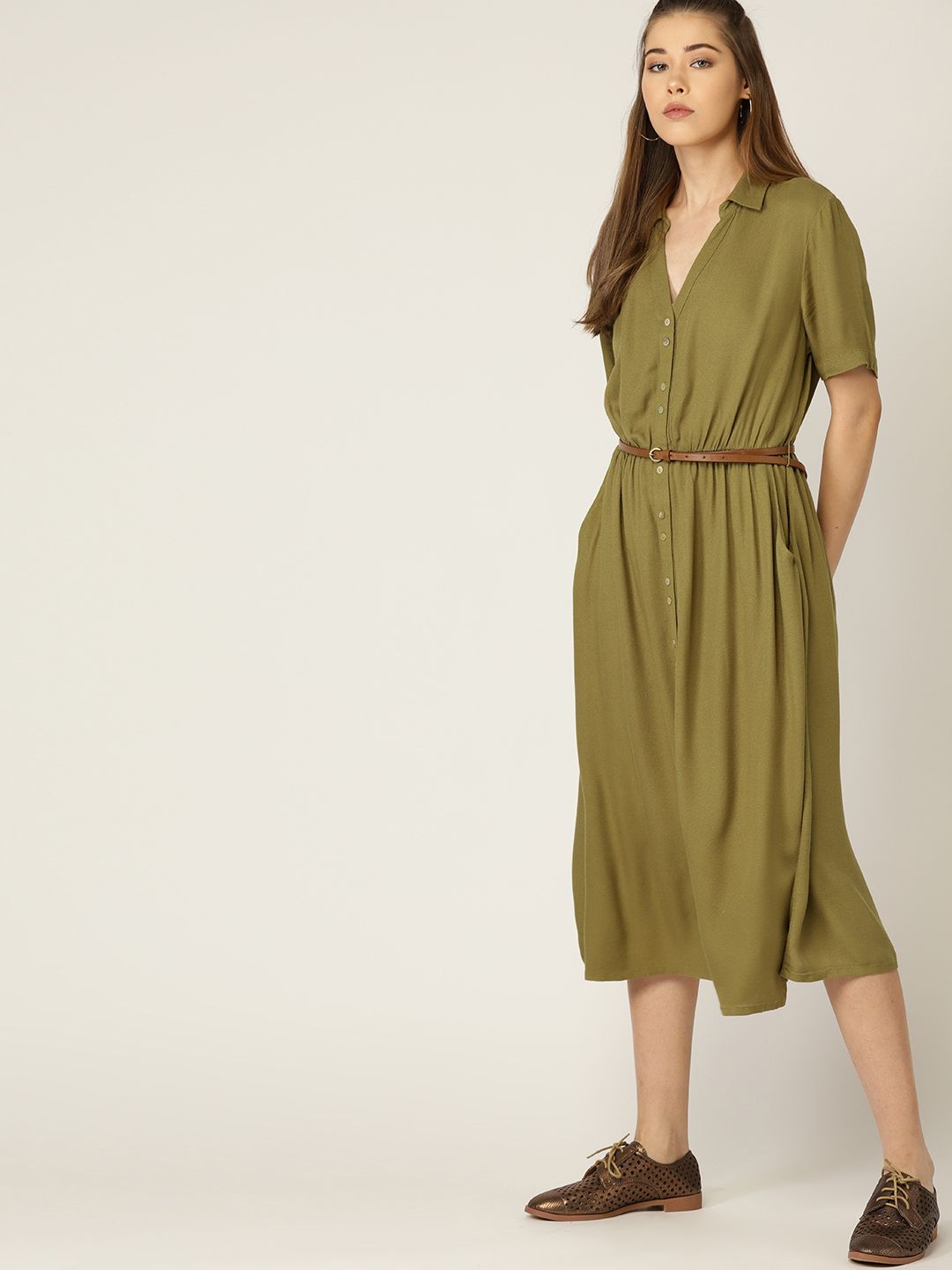 Buy United Colors of Benetton Women Olive Green Solid Midi Shirt Dress -  Dresses for Women 9153199 | Myntra