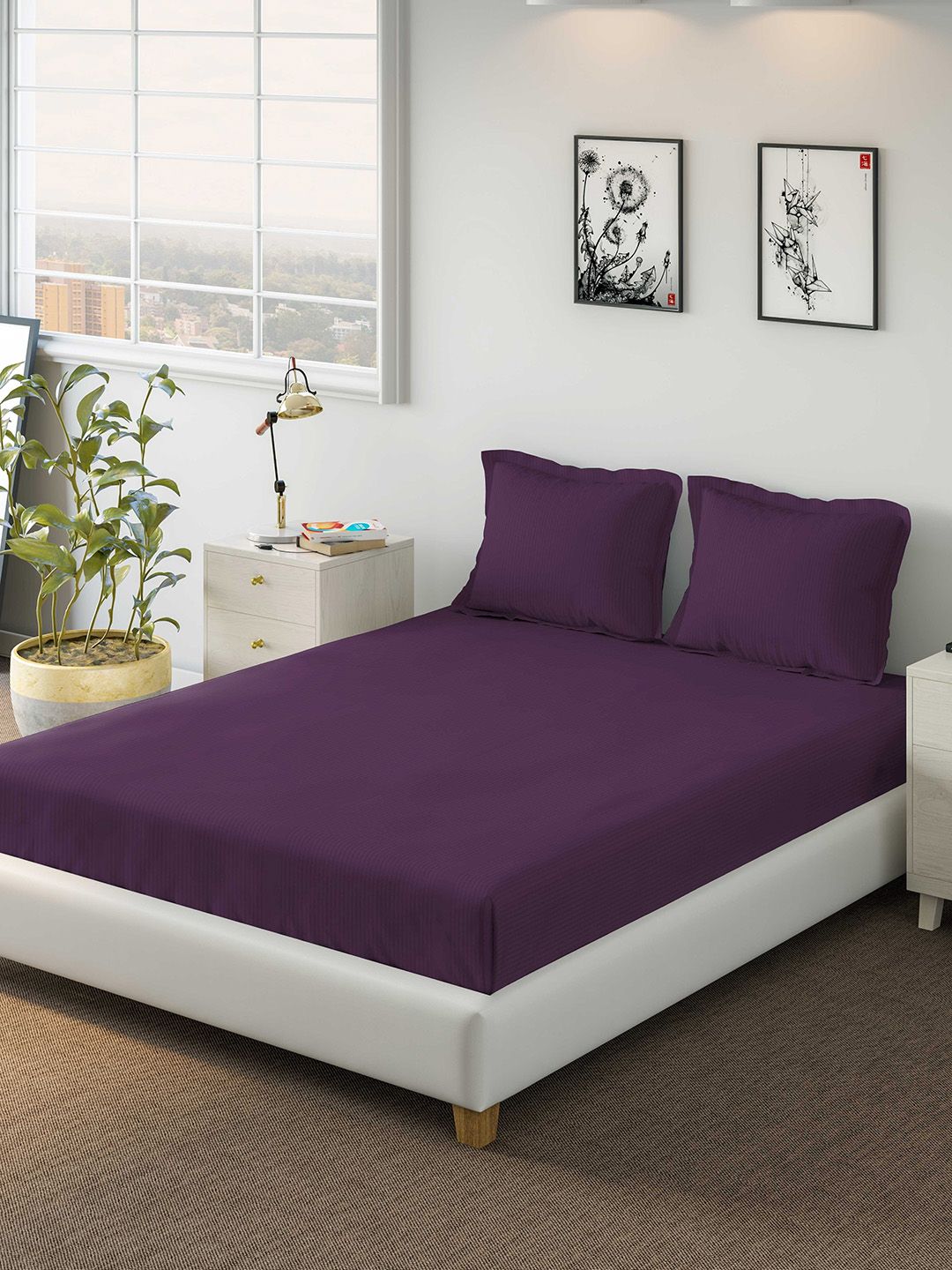 DDecor Purple Solid 400 TC Cotton 1 King Bedsheet with 2 Pillow Covers Price in India