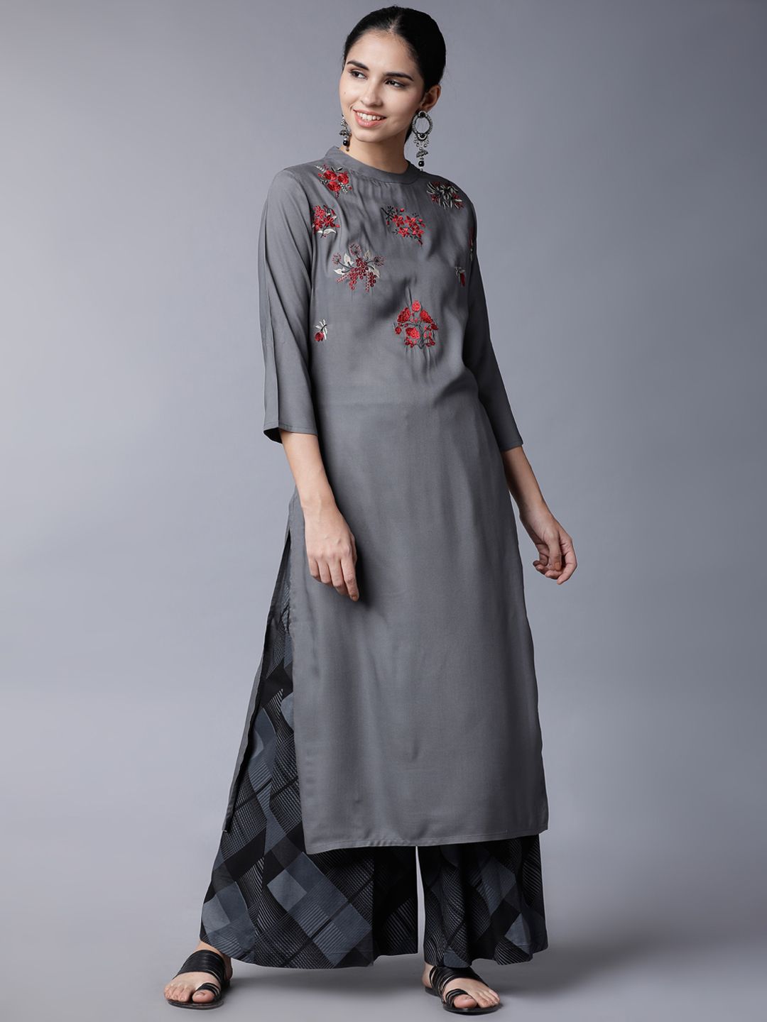 Vishudh Women Grey Floral Embroidered Regular Kurta with Palazzos Price in India