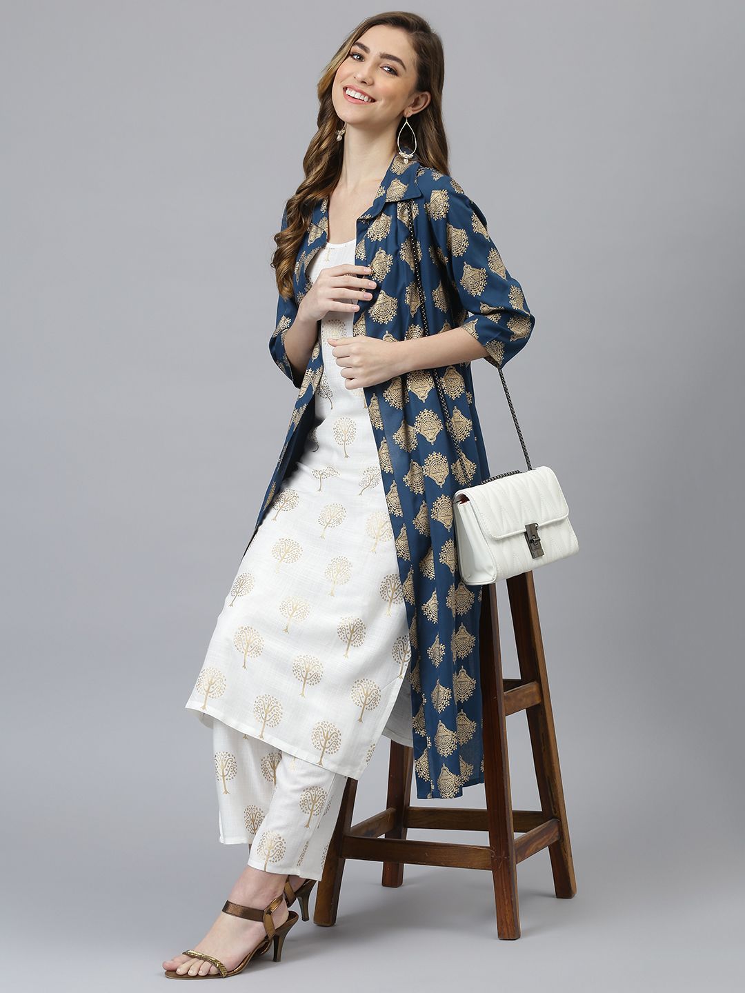 Khushal K Women Off-White & Navy Blue Printed Kurta with Palazzos Price in India