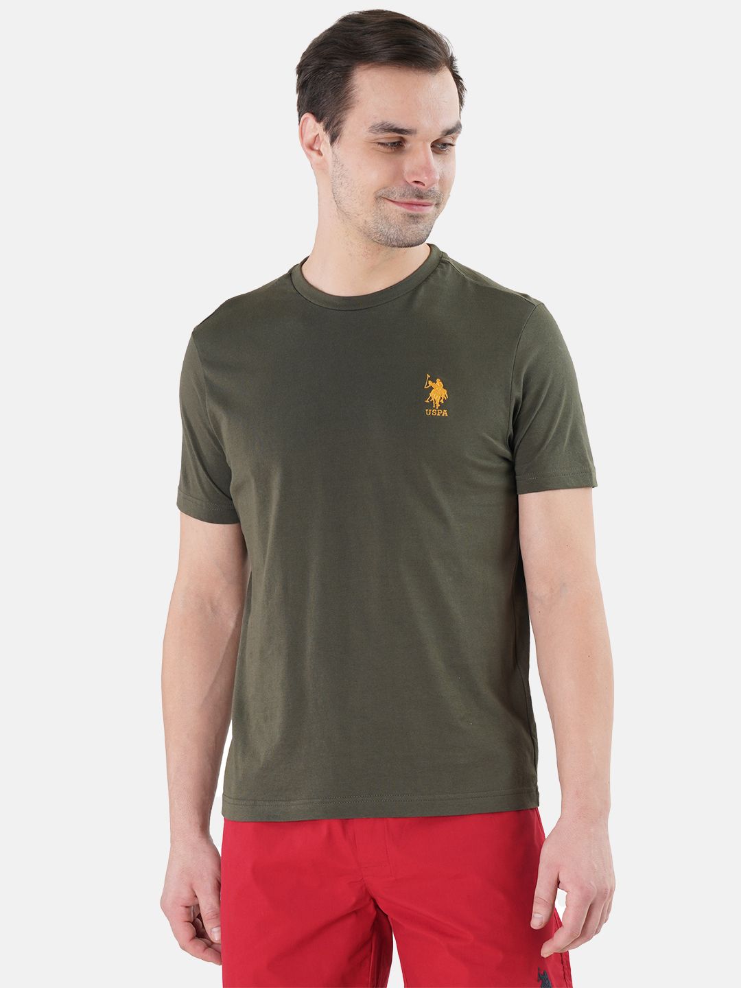 U.S. Polo Assn. Men Olive Green Solid Pure Cotton Lounge T-Shirt