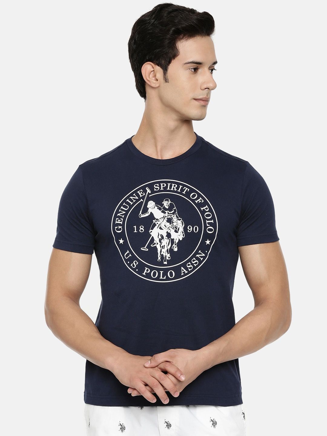 U.S. Polo Assn. Men Navy Blue & White Brand Logo Print Round Neck Athleisure T-shirt