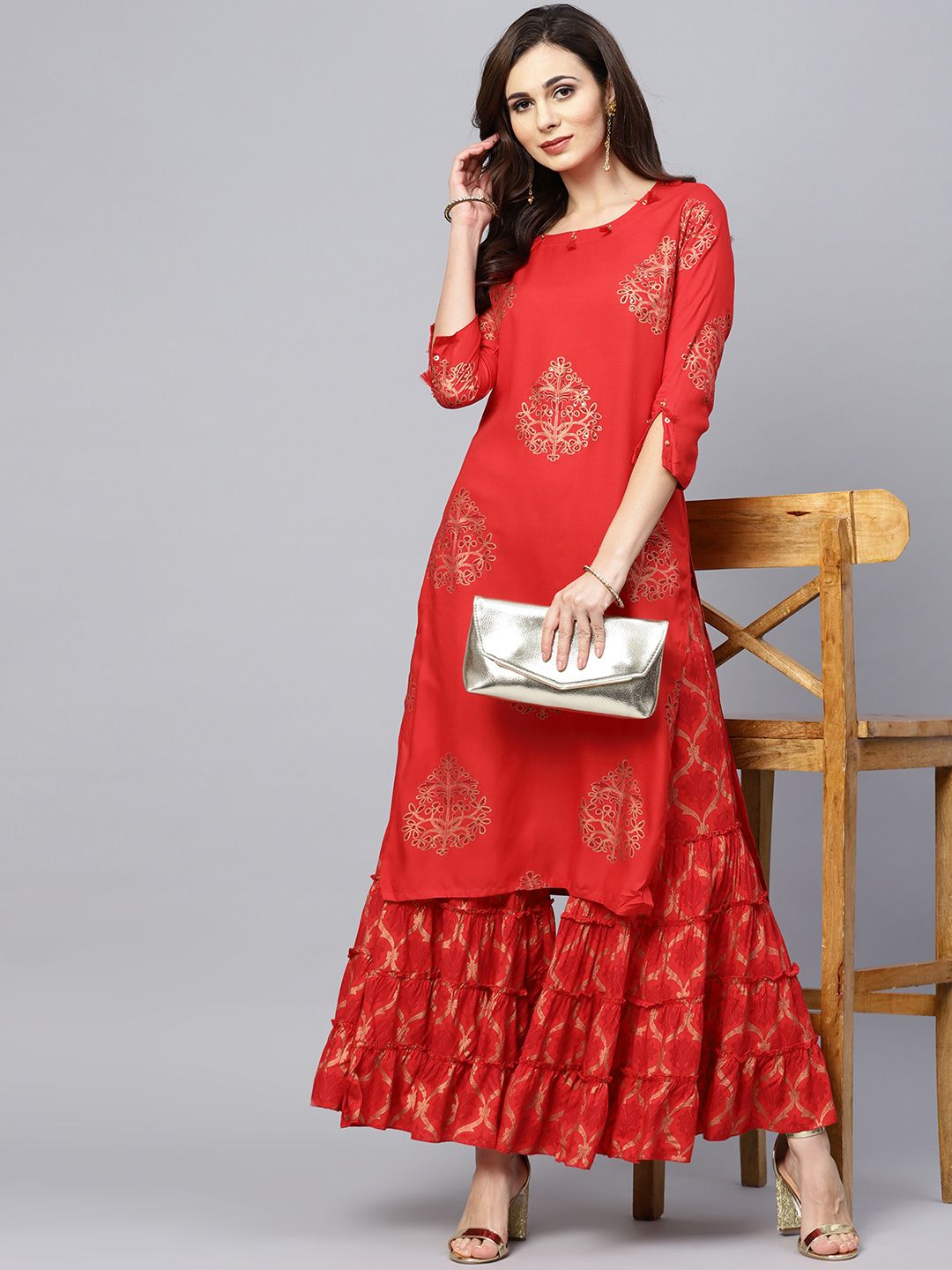 Ishin Women Red Printed Kurta with Sharara Price in India