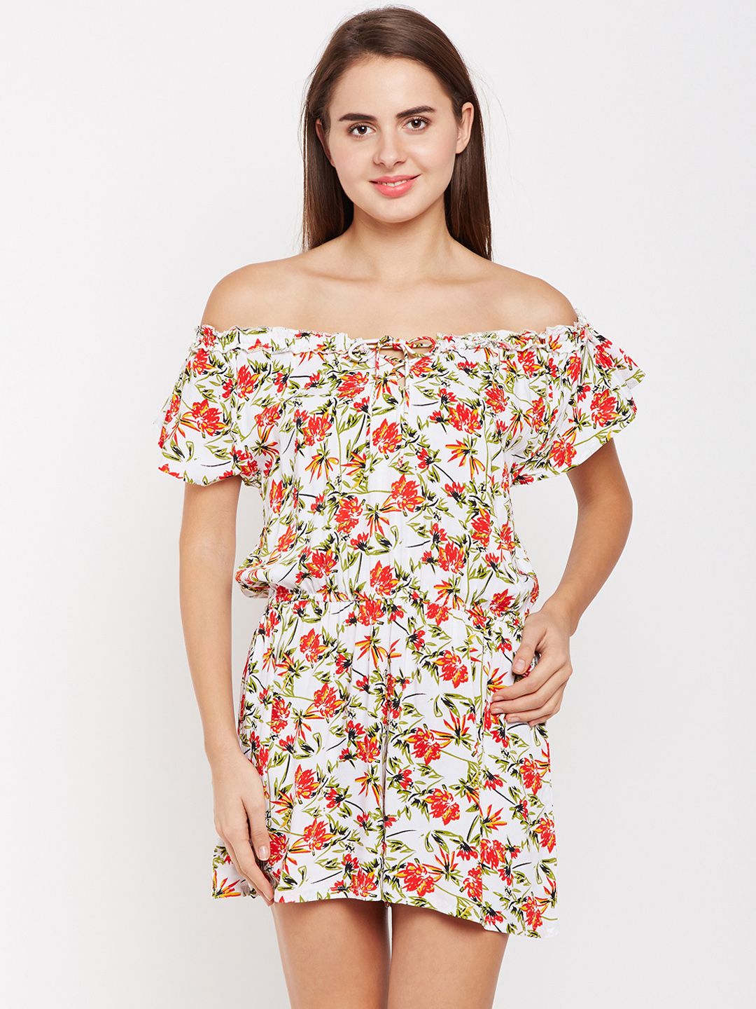 Oxolloxo Women Off-White & Red Printed Basic Jumpsuit Price in India