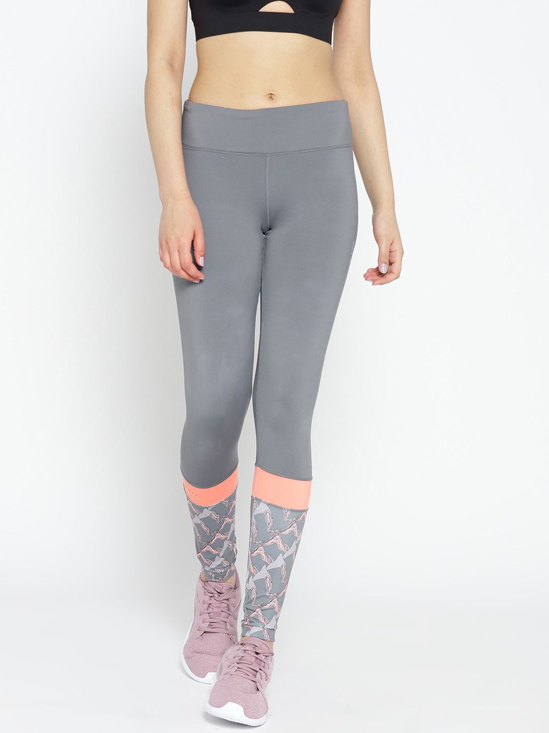 Alcis Women Grey Solid Running Tights with Printed Detail Price in India