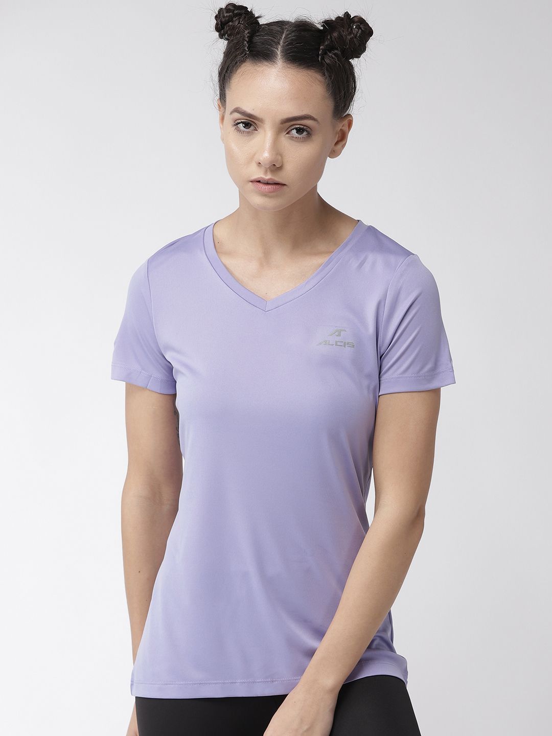 Alcis Women Lavender Solid V-Neck T-shirt Price in India