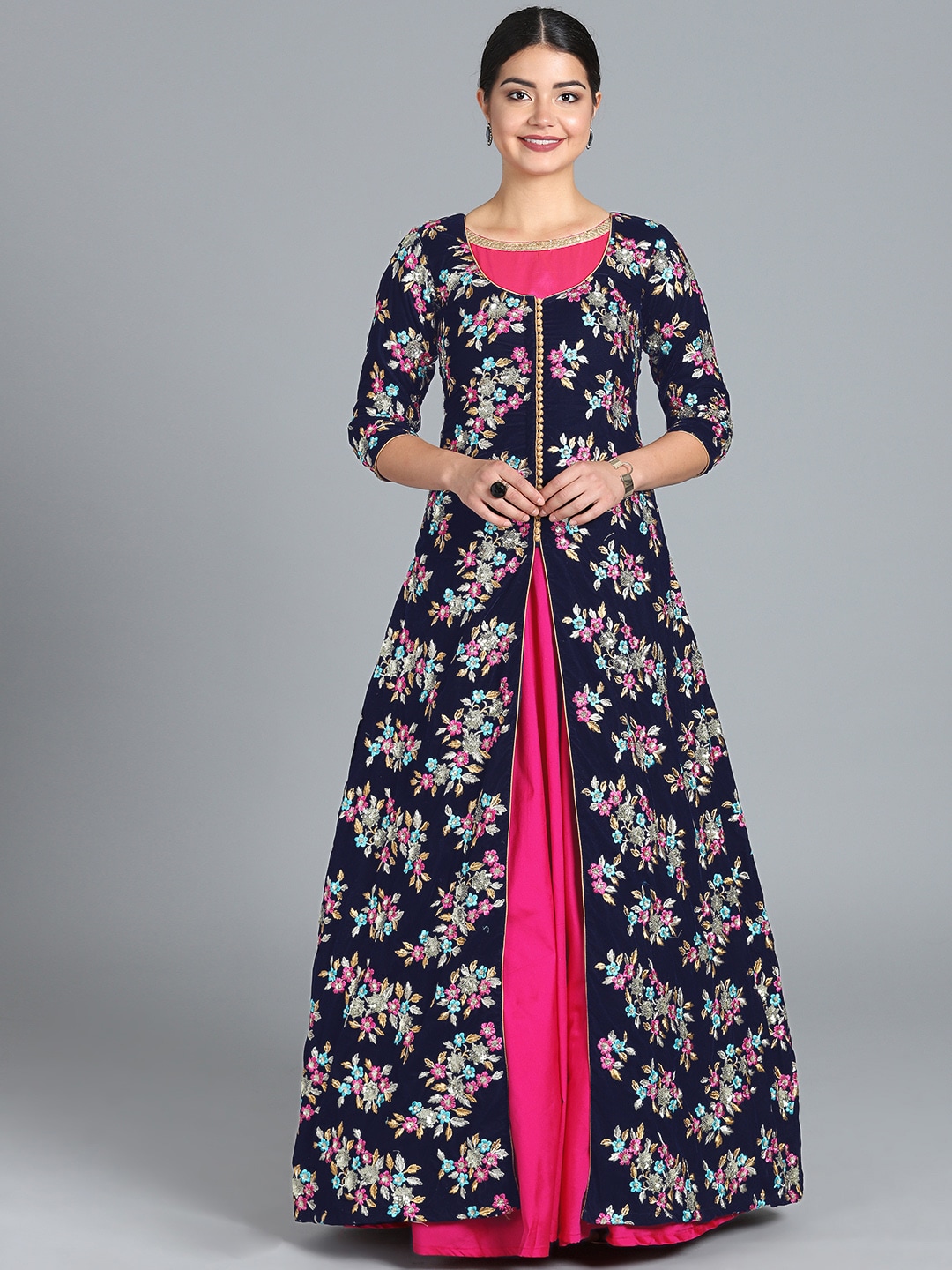 Ethnovog Women Pink  Navy Blue Solid Embroidered Layered Made to Measure Dress Price in India