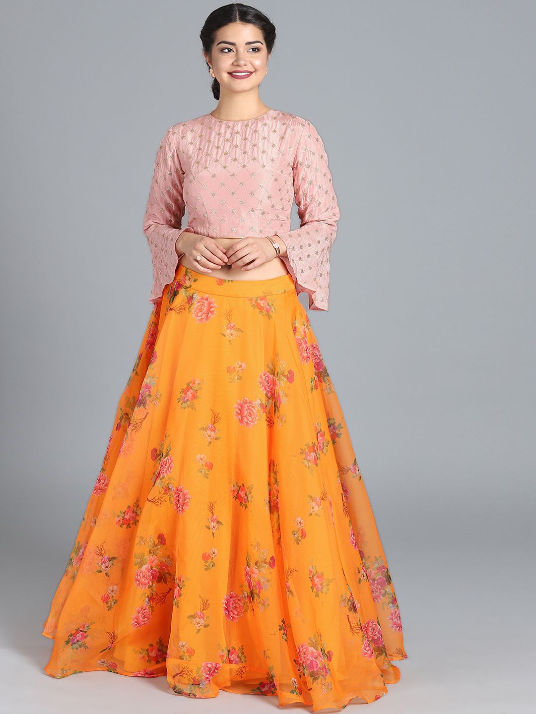 EthnoVogue Mustard Yellow & Pink Made to Measure Printed Lehenga With Blouse Price in India