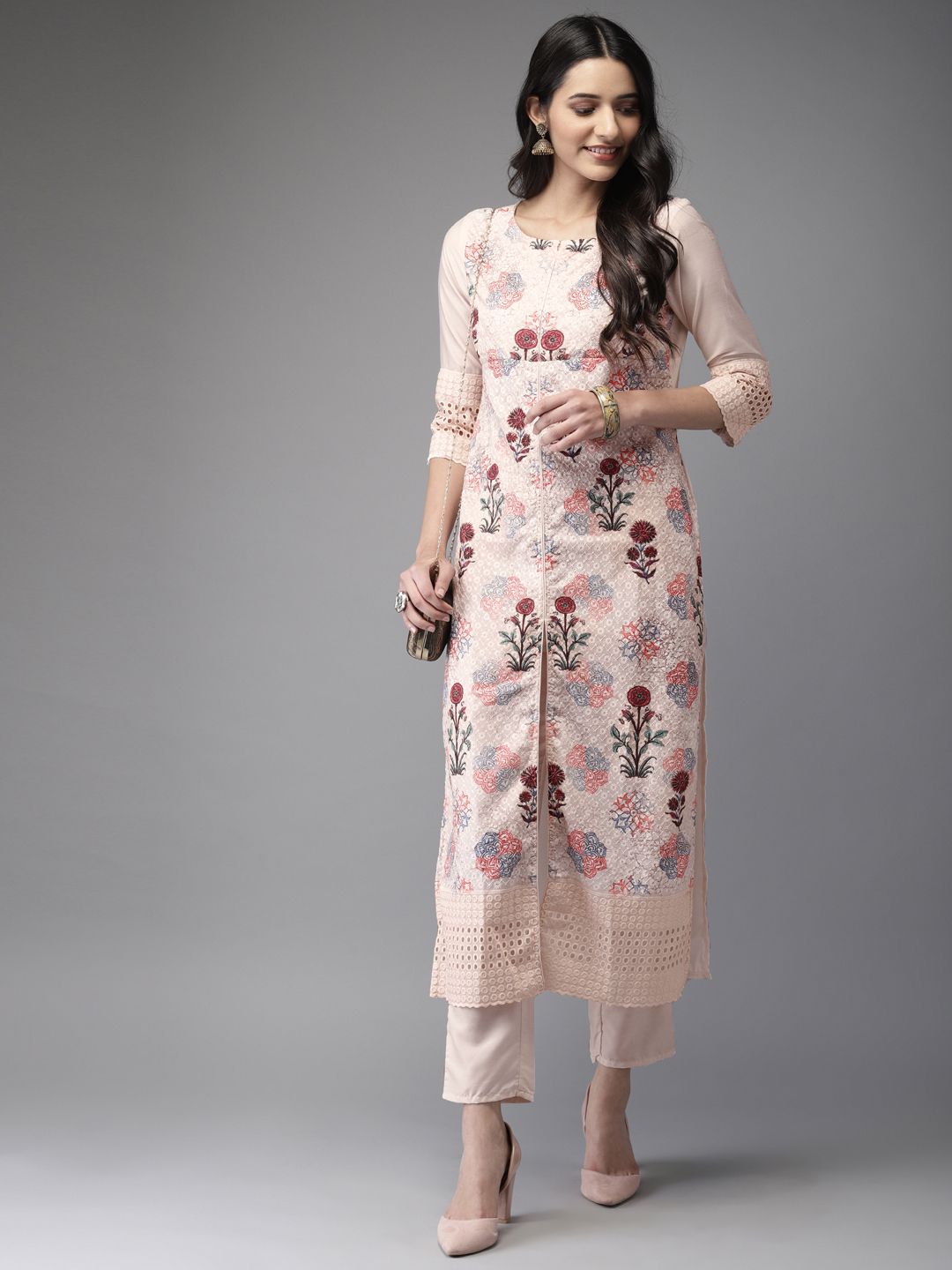 Anouk Women Cream-Coloured Embroidered Kurta with Trousers Price in India