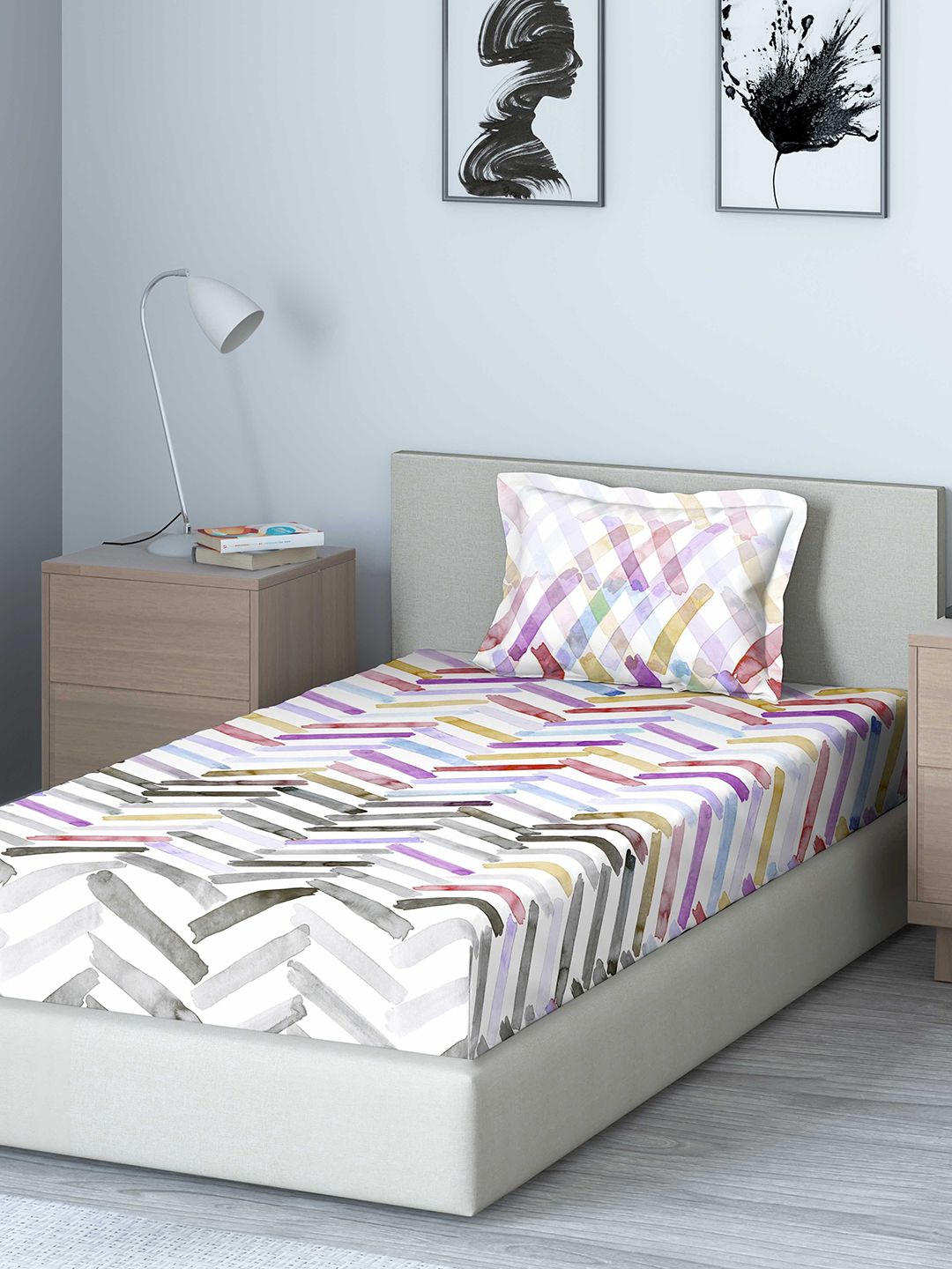 DDecor Off-White & Purple Geometric 130 TC Cotton 1 Single Bedsheet with 1 Pillow Covers Price in India