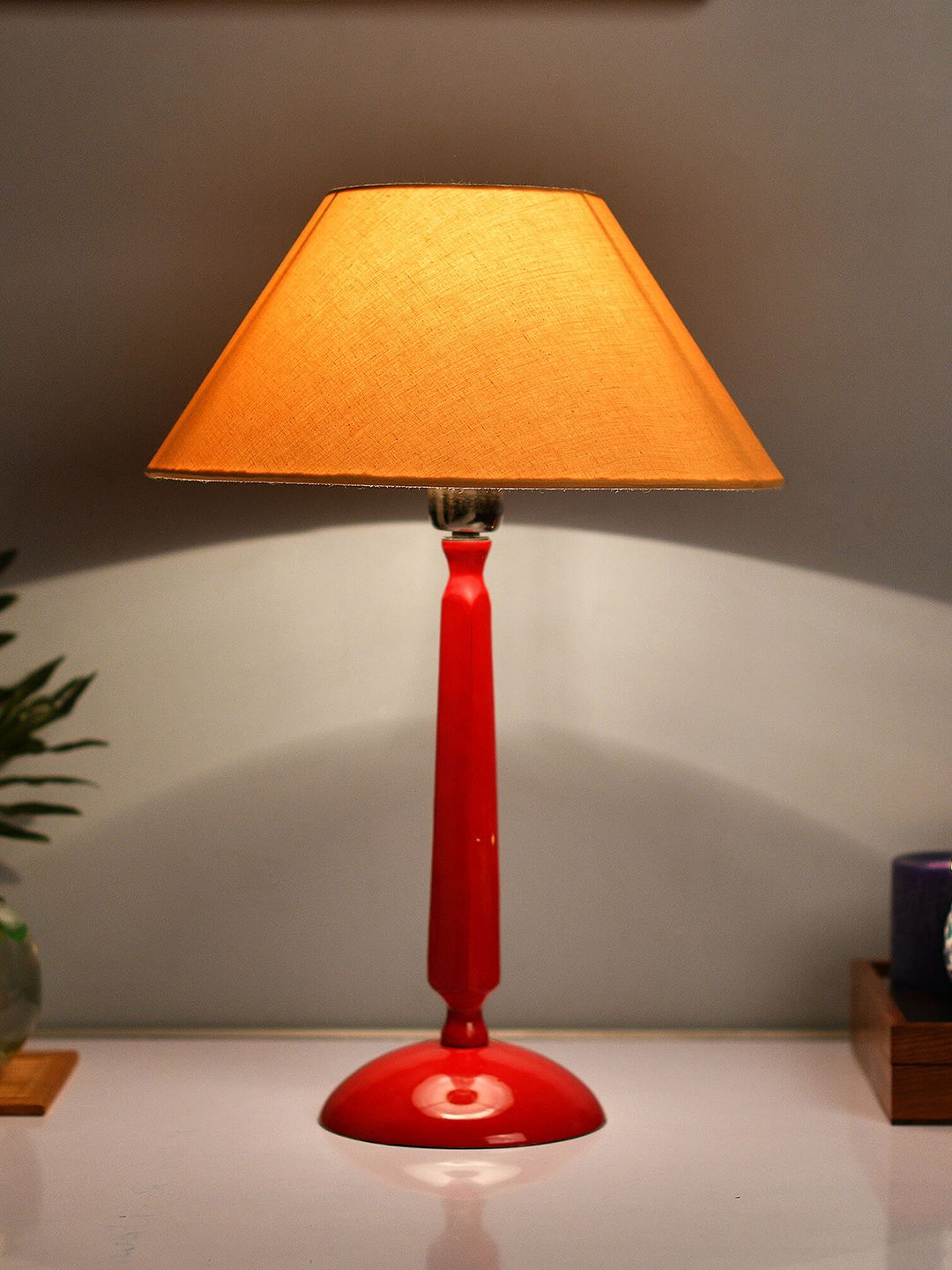 Homesake Red & Off-White Solid Cubist Handcrafted Table Lamp with Shade Price in India