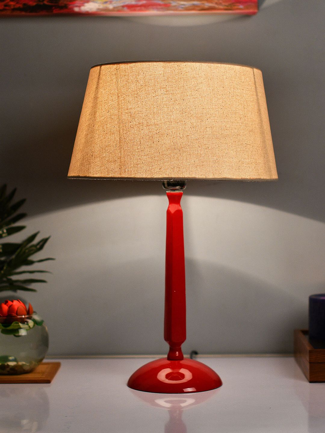 Homesake Red & White Solid Red Cubist Handcrafted Table Lamp with Shade Price in India