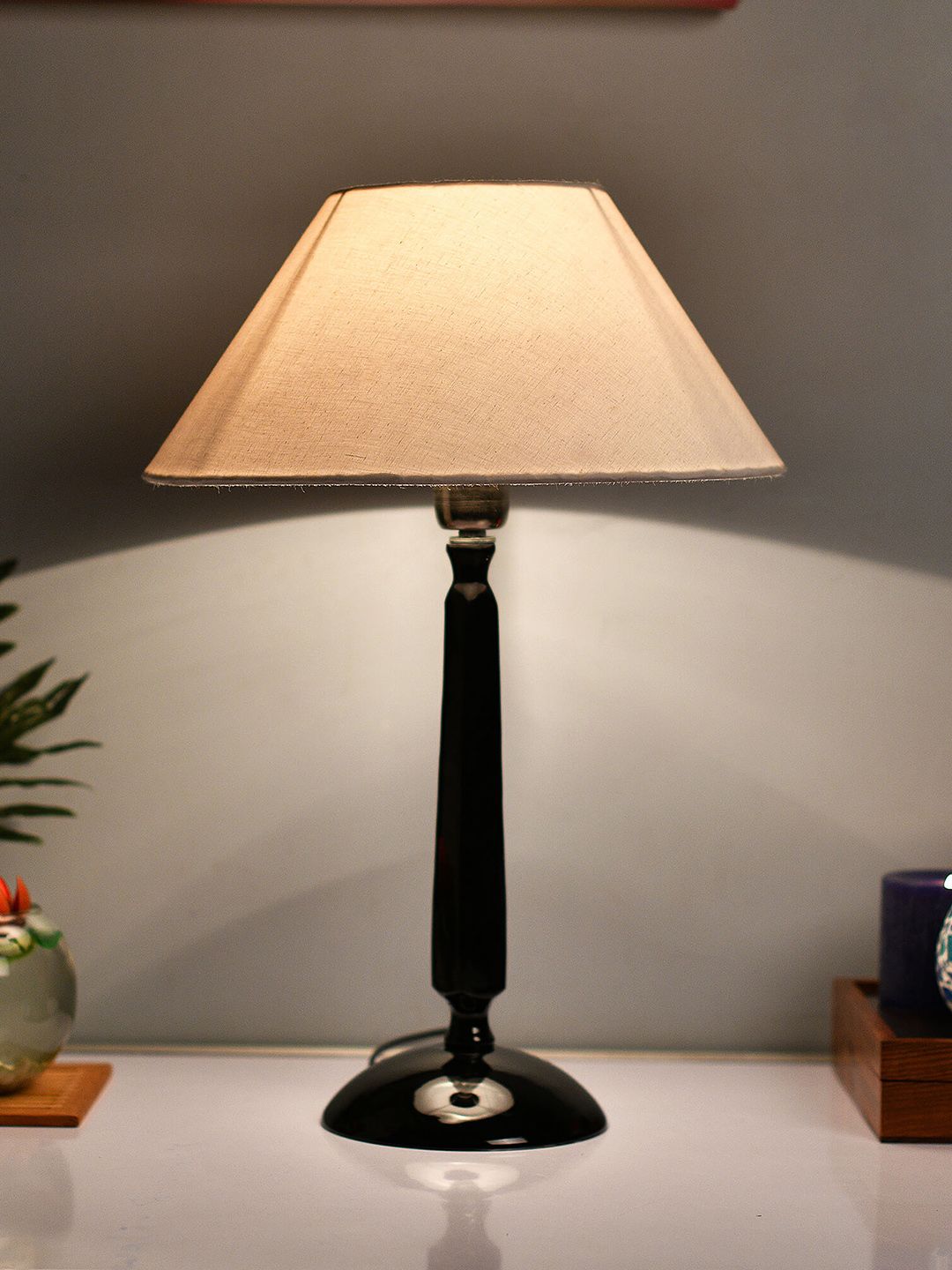 Homesake Black & White Solid Handcrafted Bedside Standard Table Lamp with Shade Price in India