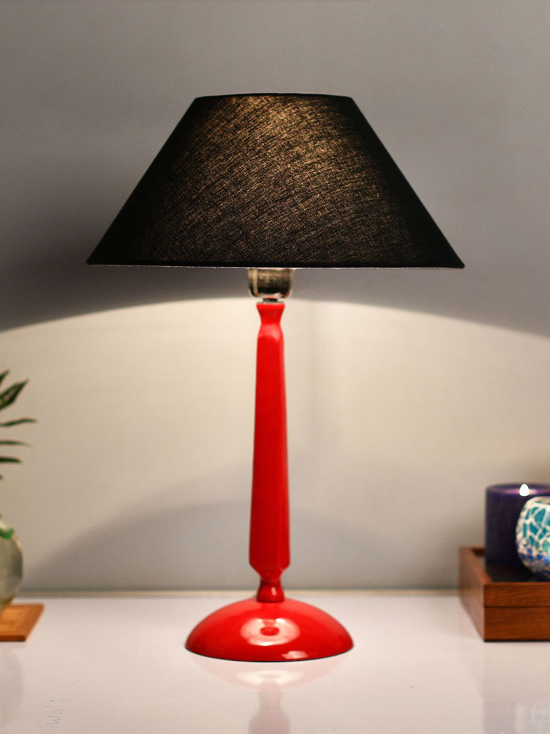 Homesake Red & White Solid Handcrafted Table Lamp with Shade Price in India