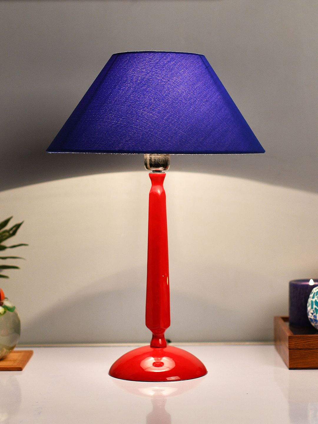 Homesake Red & Blue Solid Handcrafted Bedside Standard Table Lamp with Shade Price in India