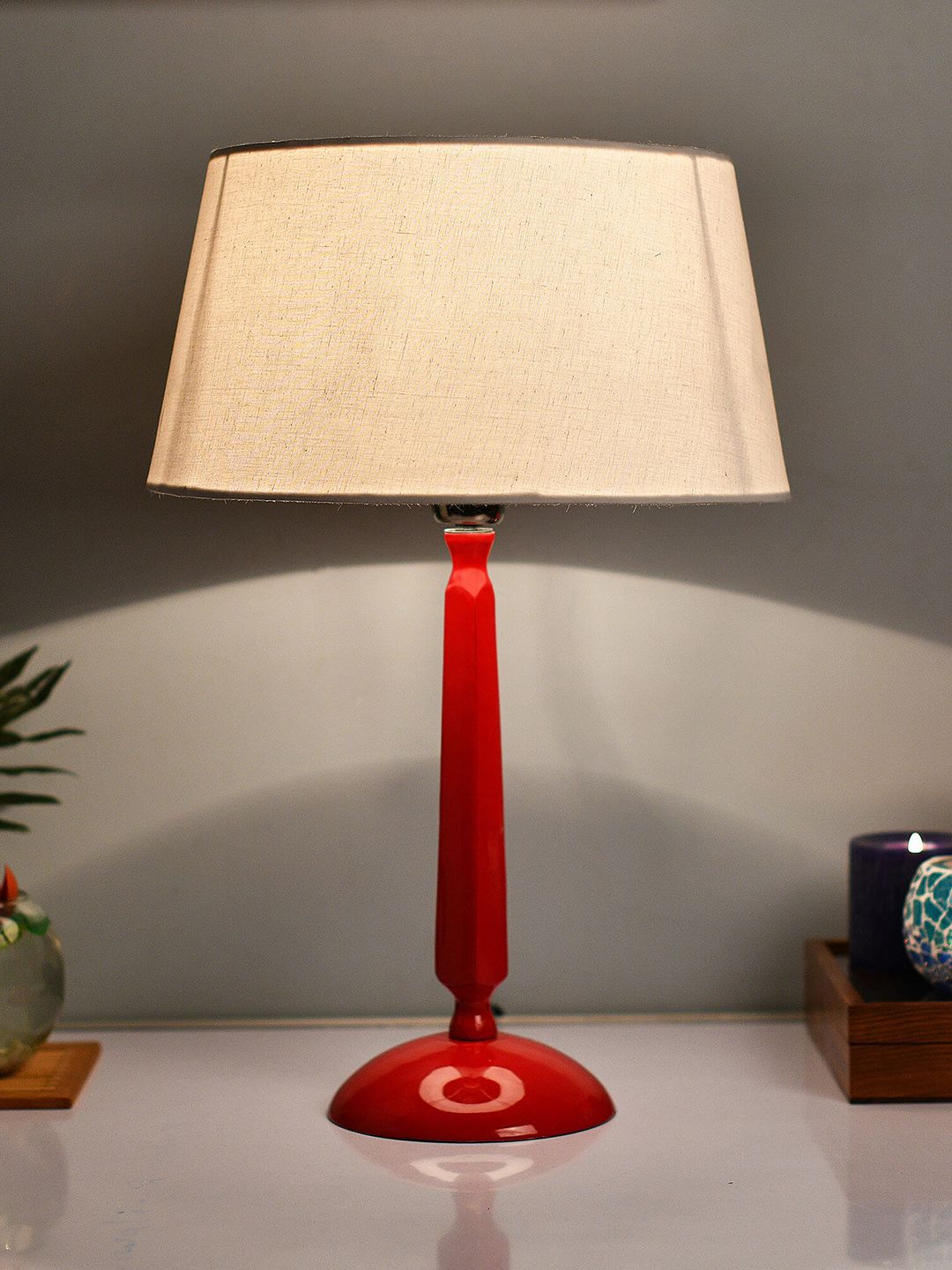 Homesake Red & White Solid Handcrafted Bedside Standard Lamp Price in India