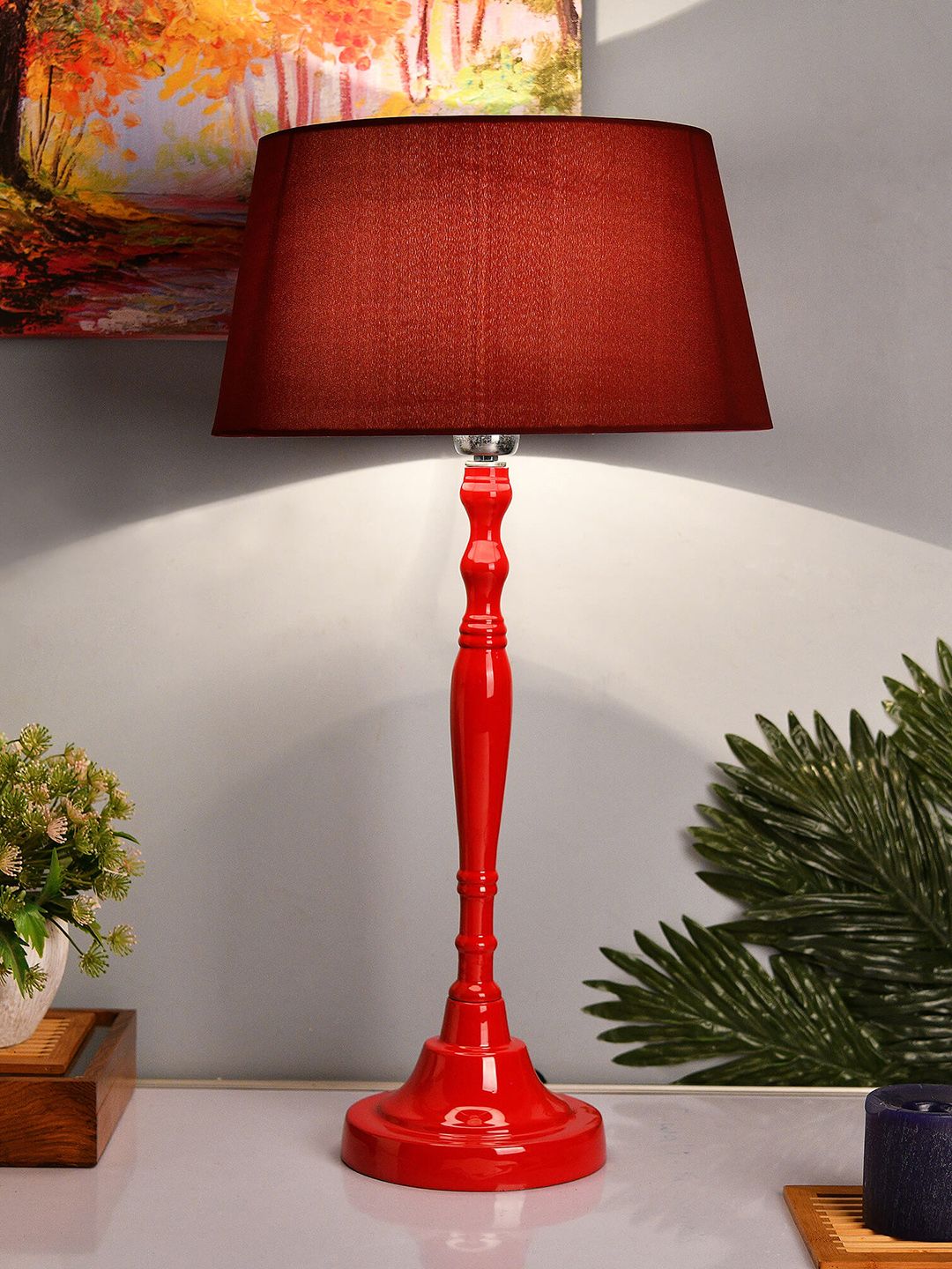 Homesake Red & Red Solid Handcrafted Bedside Standard Table Lamp Price in India