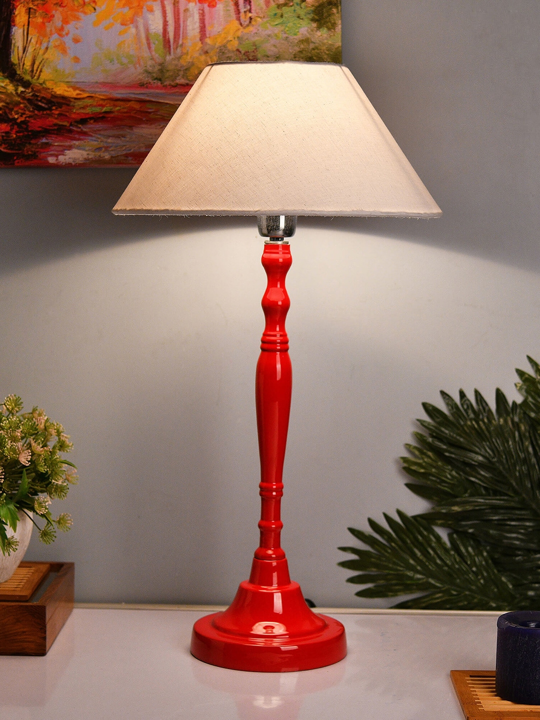 Homesake Red & White Solid Handcrafted Table Lamp with Shade Price in India
