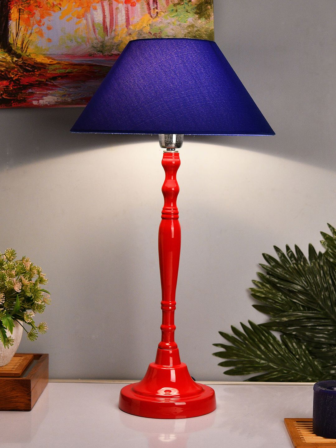Homesake Red & Blue Solid Bedside Standard Table Lamp with Shade Price in India