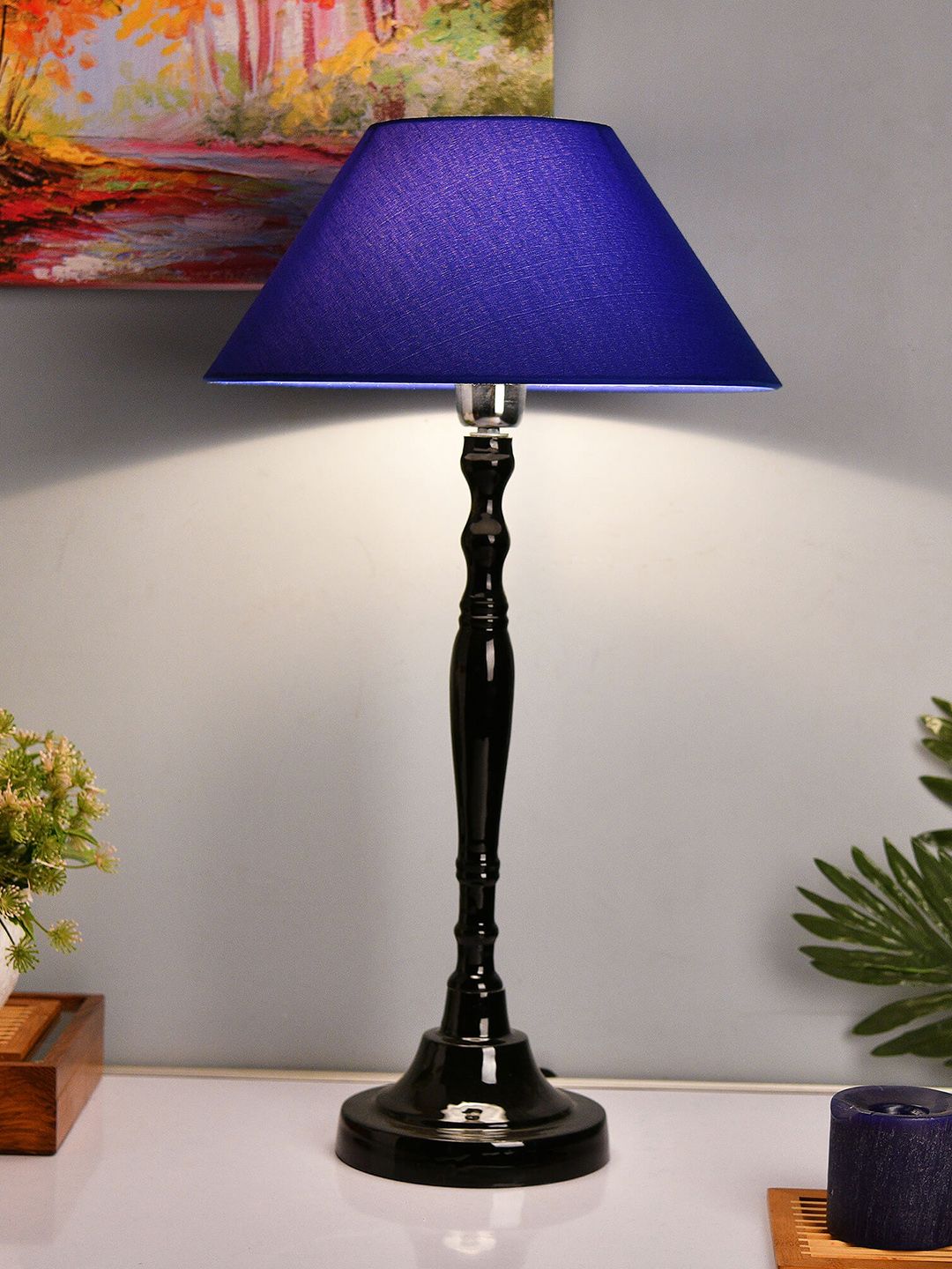 Homesake Black & Blue Solid Bedside Standard Table Lamp with Shade Price in India
