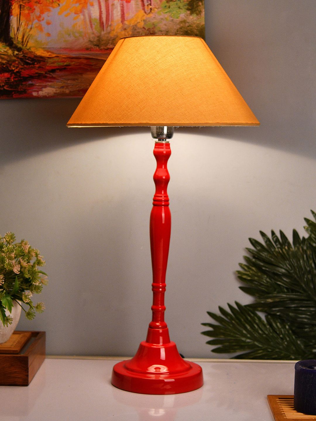 Homesake Red & Off-White Solid Handcrafted Bedside Standard Table Lamp with Shade Price in India