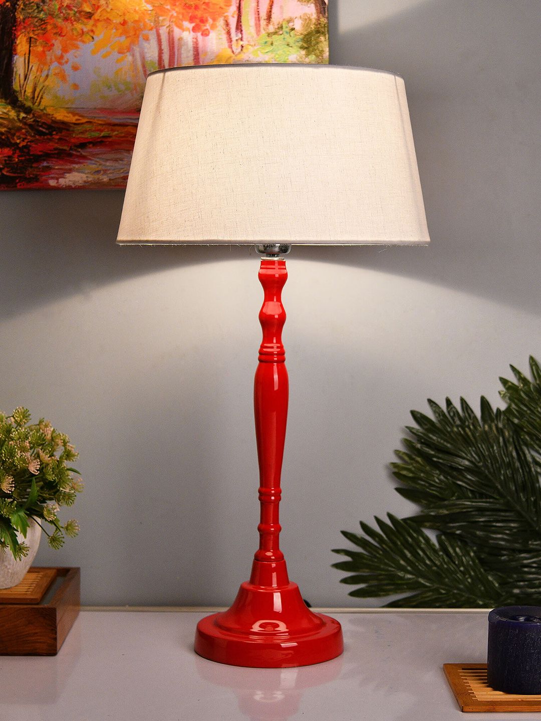 Homesake Red & White Solid Handcrafted Table Lamp with Shade Price in India