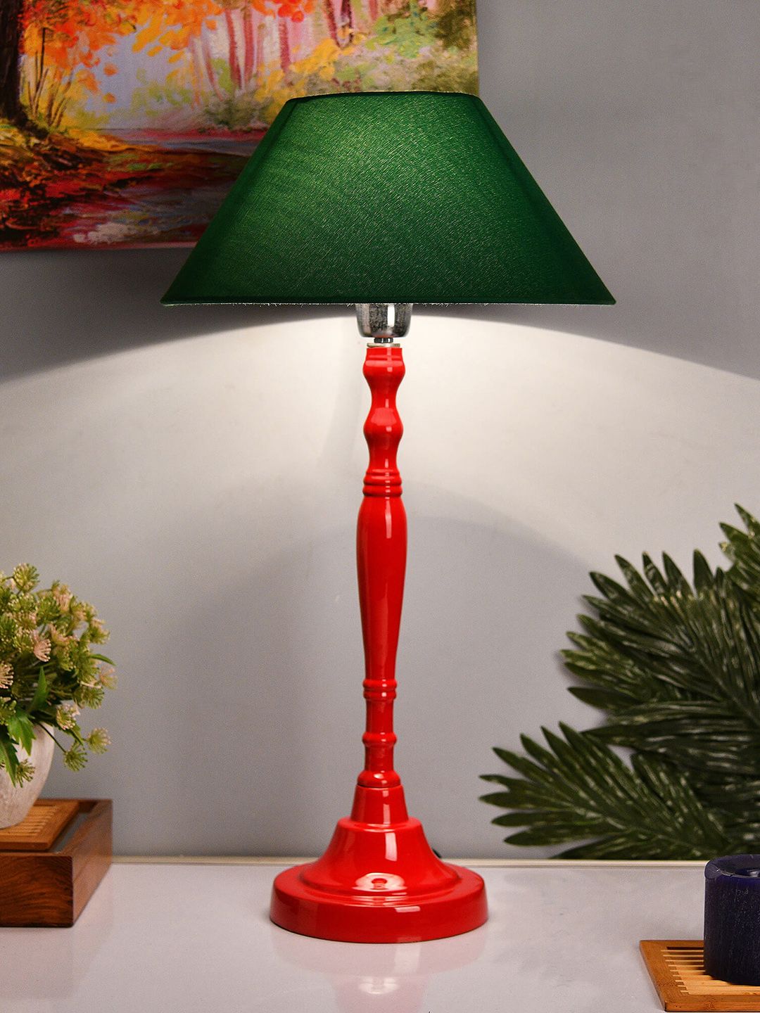 Homesake Red & Green Solid Handcrafted Bedside Standard Lamp Price in India