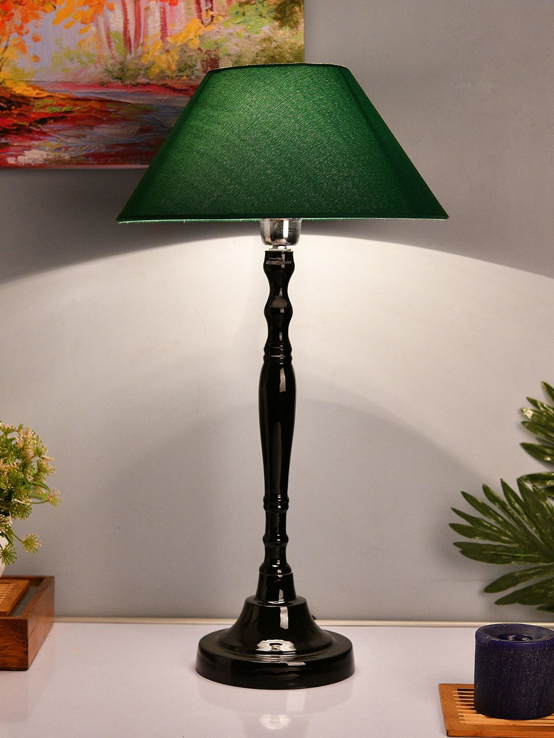 Homesake Black & Green Solid Handcrafted Bedside Standard Table Lamp with Shade Price in India