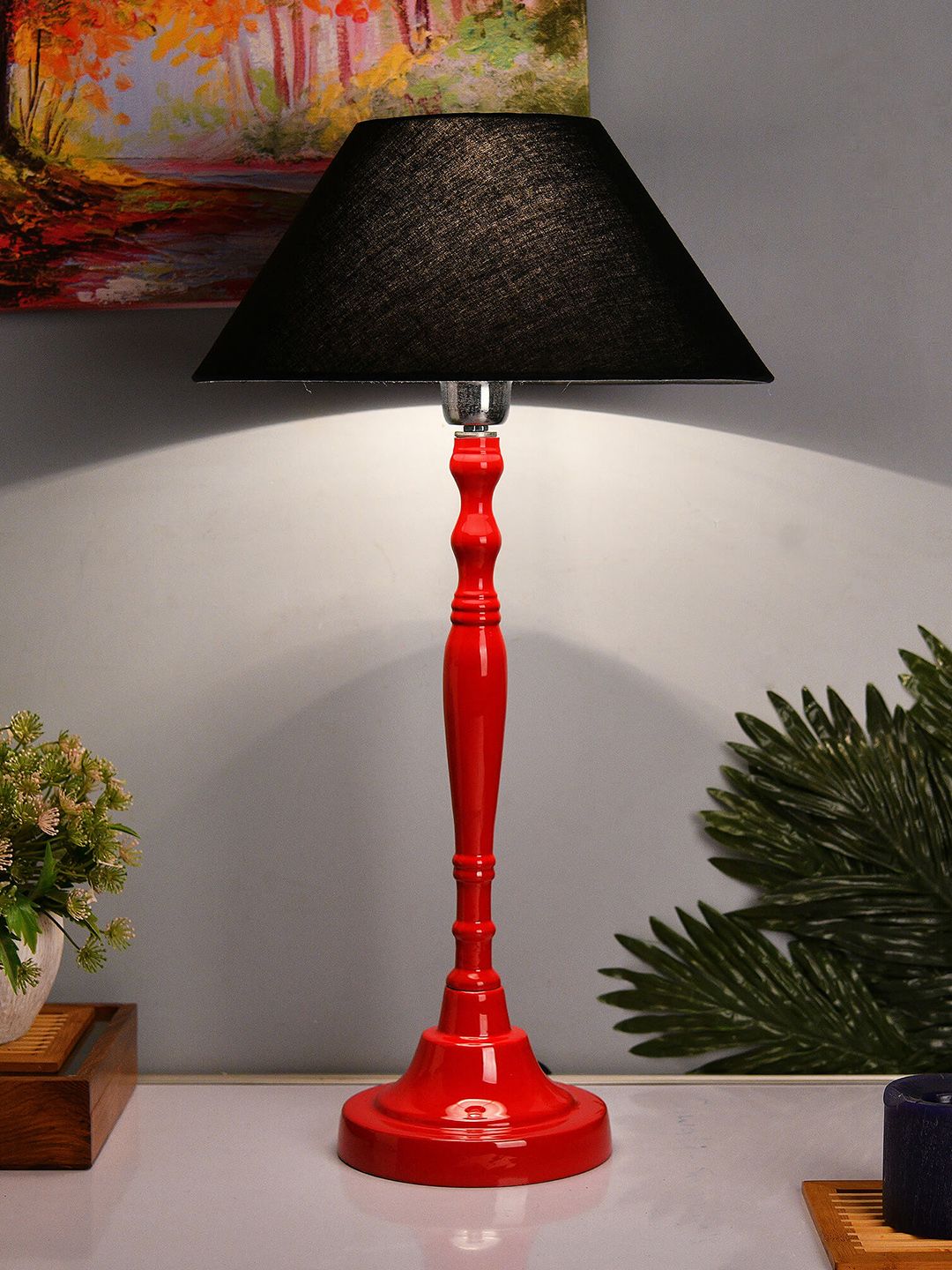 Homesake Red & Black Solid Bedside Standard Table Lamp with Shade Price in India
