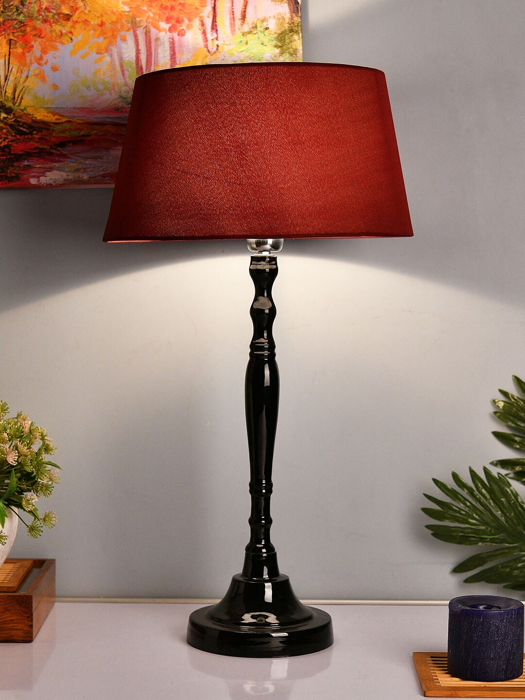 Homesake Black & Red Solid Handcrafted Buffet Table Lamp with Shade Price in India