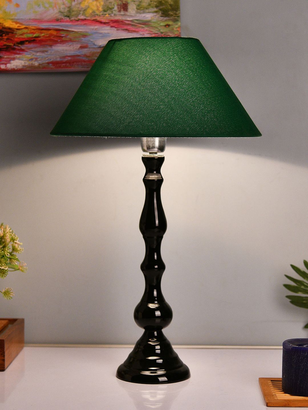 Homesake Black & Green Solid Teardrop Handcrafted Table Lamp with Shade Price in India